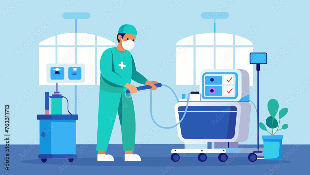 A maintenance worker is thoroughly sanitizing and sterilizing all medical equipment in the ICU including ventilators and monitors to prevent the