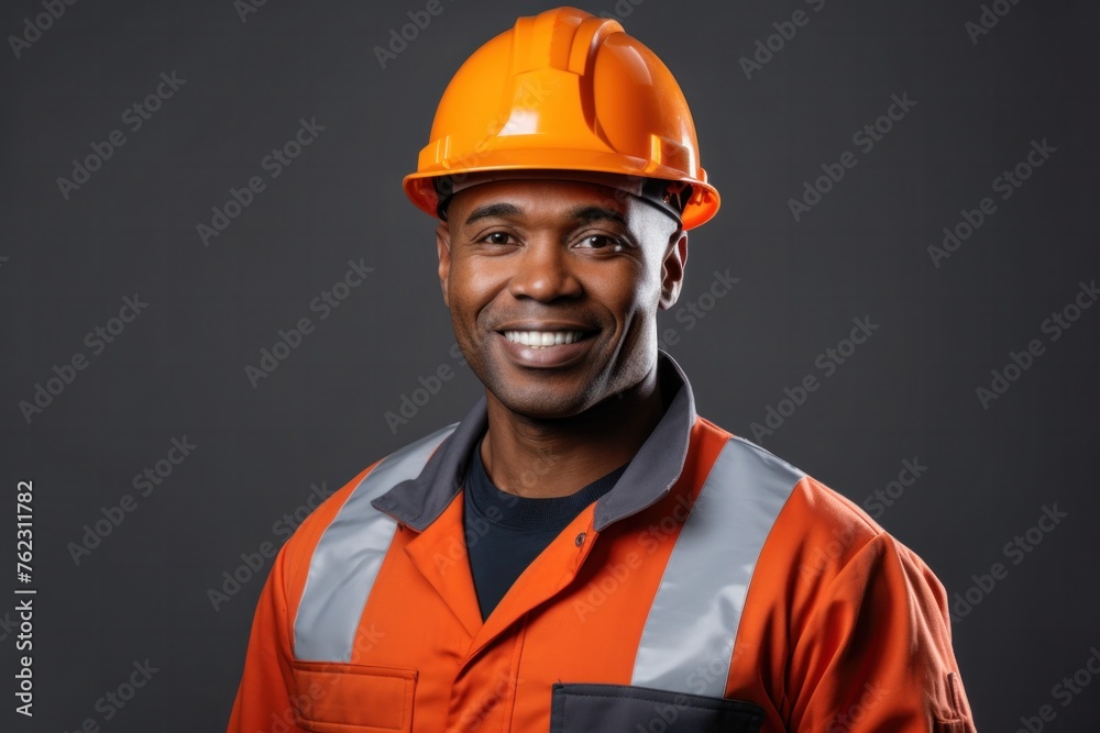Happy African American builder An engineer in an orange uniform and helmet stands confidently on a gray background. Happy African American builder An engineer in an orange uniform and helmet stands confidently on a gray background.