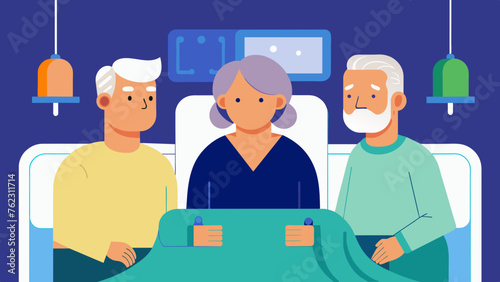 An elderly couple sits side by side reminiscing about their many years of marriage as they keep each other company during visiting hours for