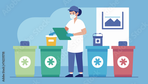 In this image a nurse is properly disposing of used medical supplies and discarding them in the designated biohazard waste containers in photo