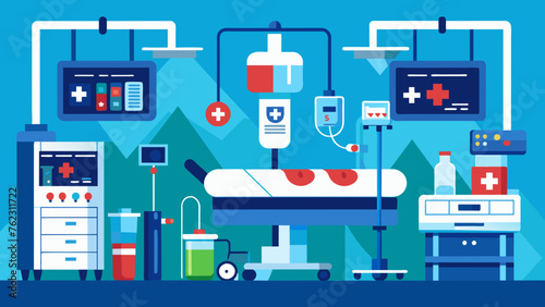 A wellequipped resuscitation room in the ICU with emergency medications and tools readily available as a team of medical professionals work