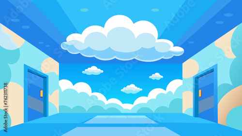 The ceiling is adorned with a skyblue sky with puffy white clouds giving the illusion of the great outdoors and a sense of freedom and peace for