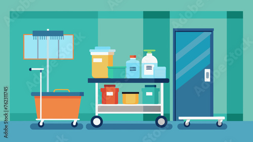 A cleaning cart fully stocked with disinfectants wipes and other cleaning supplies is parked outside an ICU room ready for use by hospital staff