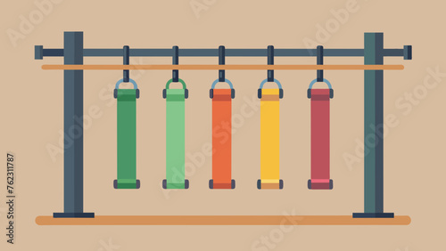 A set of resistance bands hang neatly on a wallmounted rack ready to be used for gentle stretches and strengthening exercises.