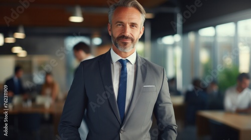 business man ceo wearing suit standing in office looking at camera . Smiling mature businessman professional