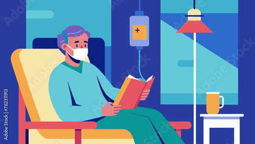 In a brightly lit chemo infusion room a patient wearing a face mask receives their treatment while reading a book. The cozy setup suggests long