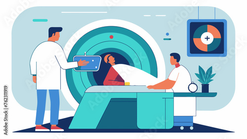 In a nearby room a technician prepares a patient for a targeted MRI scan. Using advanced imaging techniques this specialized procedure is able