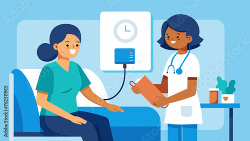 A nurse checking a patients pressure in a hospital room while also discussing ways to manage hypertension and lower the risk of heart disease.