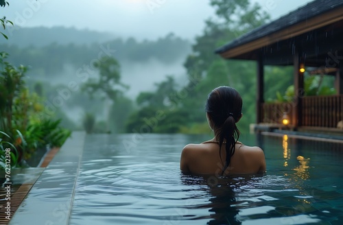 Nature's Dialogue: Rainy Poolside Encounter with a Woman, Embracing Architecture and Mountain Vistas in Thailand