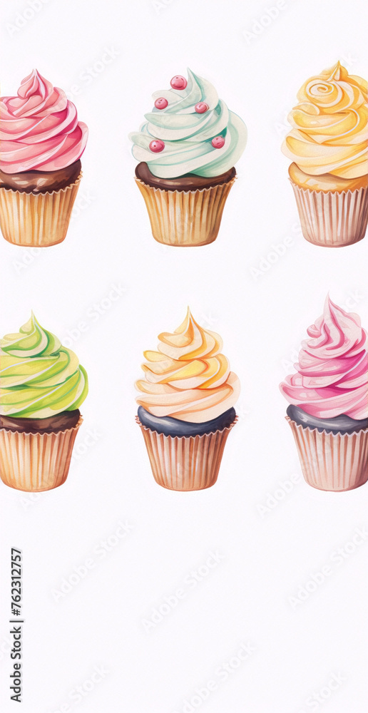 Watercolor cupcakes with different frosting. Watercolor cupcakes with different frosting.