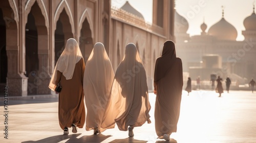 Rear view. The women wearing Muslim clothes and headscarves walking towards the mosque