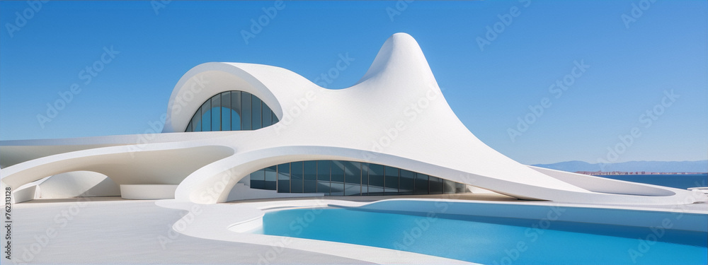 White futuristic building with blue pool and blue sky in 3d rendering White futuristic building with blue pool and blue sky in 3d rendering