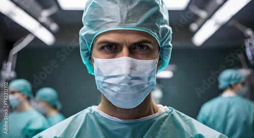 Mature male surgeon gazing and looking at camera at hospital, close up shot