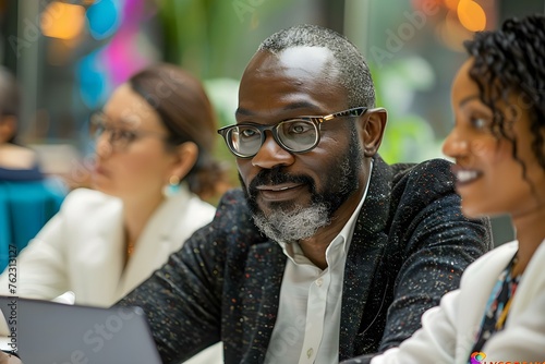 An image illustrating a diverse team collaborating using technology for business success. Concept Business Team, Collaboration, Diversity, Technology, Success