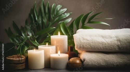Top view, tranquil spa still life, candles, towels, green leaves, aromatherapy oils,