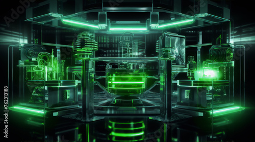 Futuristic Sci-Fi Laboratory with Glowing Green Lights and High-Tech Equipment