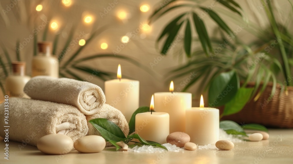 Top view, tranquil spa still life, candles, towels, green leaves, aromatherapy oils, Top view, tranquil spa still life, candles, towels, green leaves, aromatherapy oils,
