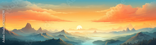 Golden Twilight Over Mountain Valley, Illustration of a Majestic Valley Bathed in the Warm Glow of Sunset, Perfect for Banner Designs Evoking Serenity and Natural Beauty