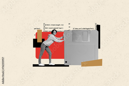 Collage artwork graphics picture of excited lady holding big huge diskette isolated beige color background