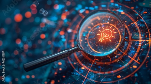 Magnifying glass focusing on a target and creativity. A creative light bulb objective generation of ideas and innovative solutions to achieve strategic goals.