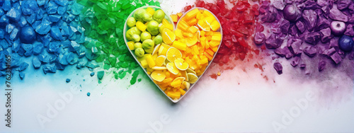 Rainbow of colorful fruits and berries forming a heart shape over white background