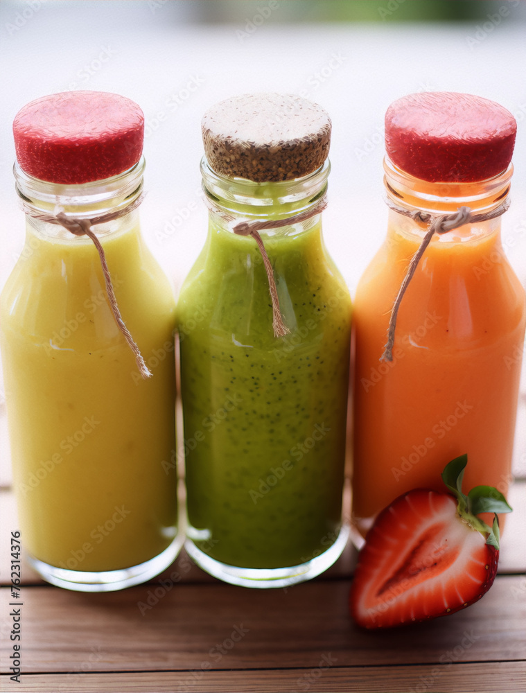Three colorful bottles of healthy fruit and vegetable juices in yellow, green and orange with a strawberry on the side. Three colorful bottles of healthy fruit and vegetable juices in yellow, green and orange with a strawberry on the side.