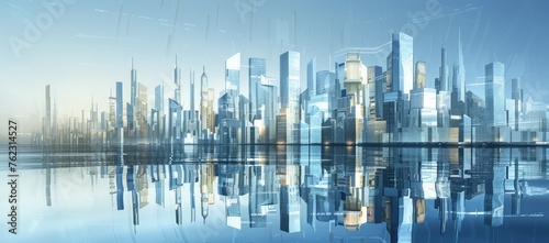 Futuristic Cityscape with Reflective Waterfront View