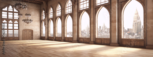 3D rendering of a gothic style great hall with large arched windows and a wooden floor.