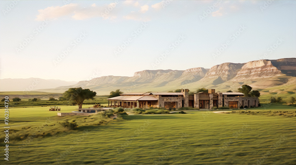 Modern ranch house exterior with floor to ceiling windows in a rural landscape with mountains in the background