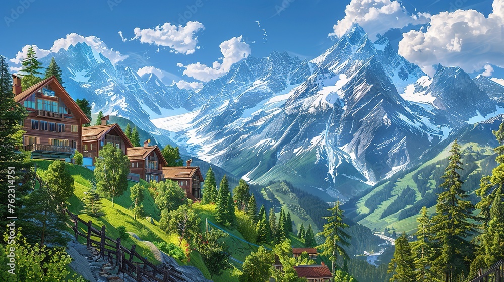 a picturesque mountain retreat, with snow-capped peaks towering majestically against a clear blue sky, cozy chalets tucked away in the forest, and winding hiking trails leading to breathtaking vistas a picturesque mountain retreat, with snow-capped peaks towering majestically against a clear blue sky, cozy chalets tucked away in the forest, and winding hiking trails leading to breathtaking vistas