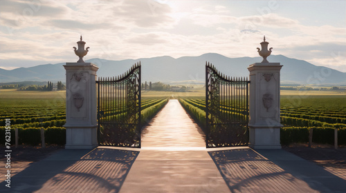Wrought iron gates open to a long path through a lush vineyard with mountains in the distance photo