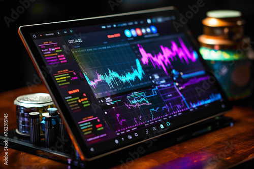 Close-up of a futuristic tablet displaying live stock prices with a holographic overlay of trend predictions.