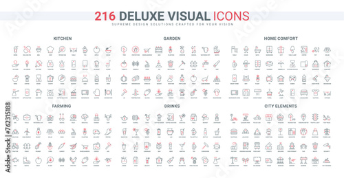 Organic farming, garden and home equipment line icons set. kitchenware for food menu cooking in kitchen and serving, city services and buildings thin black and red outline symbols vector illustration