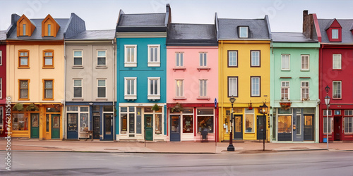 A row of colorful houses with different architectural styles in an urban setting. photo