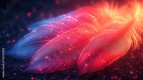 Vibrant neon feathers with glowing tips on a dark background.