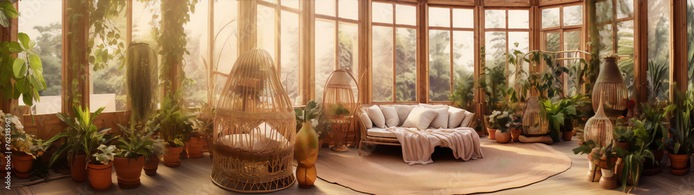 Digital art of a cozy living space with a lot of plants and sunlight coming through the large windows.