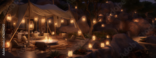 A beautiful oasis in the middle of the desert with a luxurious tent and a campfire under the stars.