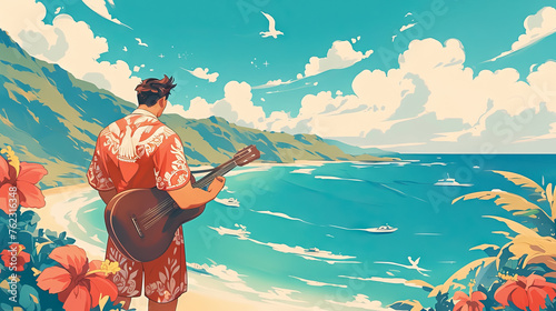 back view man in Hawaiian Aloha Shirt holding guitar looking at sea from the beach with  copy space.