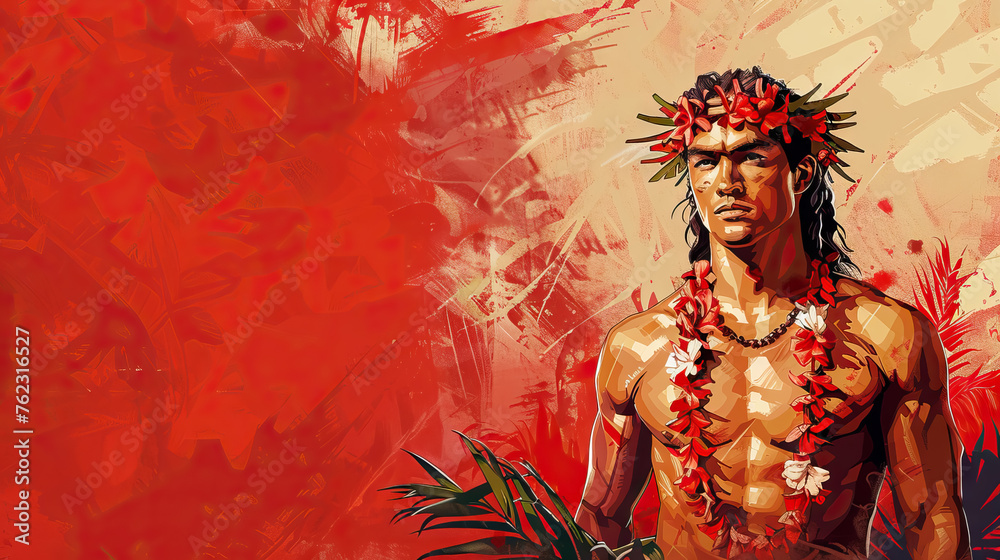 Fototapeta premium man in hawaiian lei flower necklace and headpiece with palm leaf on red background in grunge style with copy space.