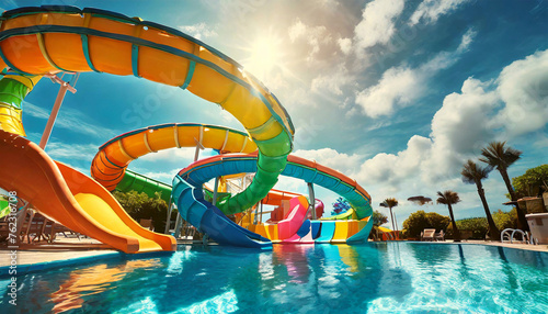Bottom view of a water park with multicolored slides in a swimming pool with a clear sky and clouds on background. Children playground, summer sports and fun activities concept. Generative Ai. photo
