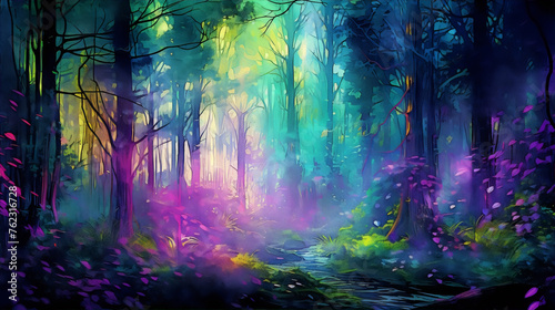 Mystical Glowing Enchanted Forest Path with Vivid Colors