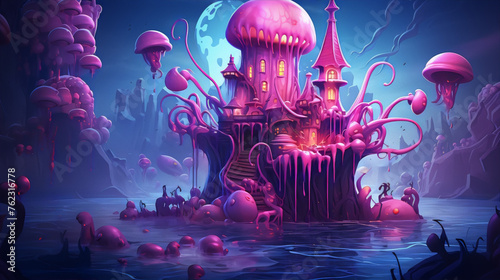 Fantasy landscape with a jellyfish-like castle on a lake surrounded by bio-luminescent mushrooms.