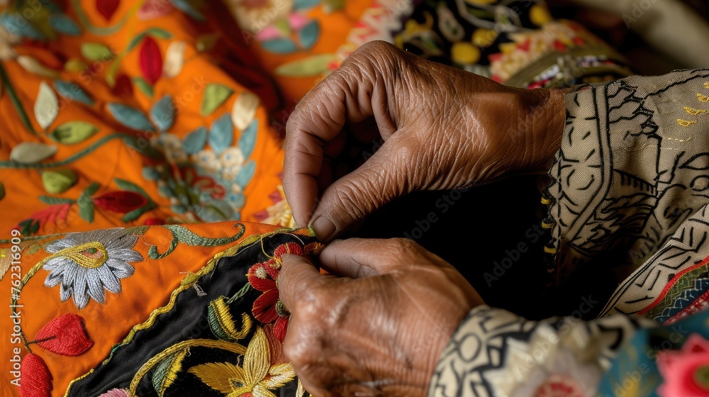 Elderly Hands Crafting Traditional Embroidery Close-Up