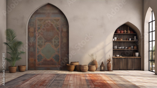 arabic style living room interior with rugs, plants and arched niches in warm colors photo