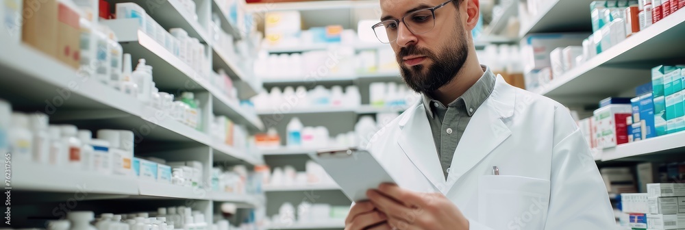 Fototapeta premium Male Pharmacist Evaluating Stock in Modern Pharmacy