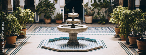 A fountain in a courtyard with plants and blue and white tile.