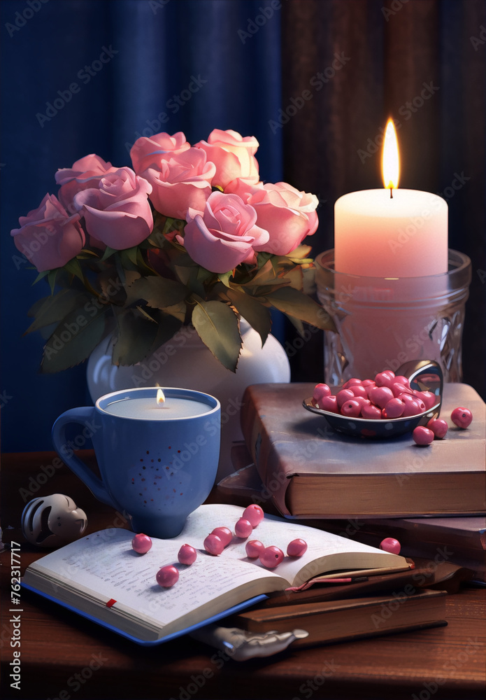 Still life photography of pink roses in a vase, a candle, and a cup of tea on a table with books. Still life photography of pink roses in a vase, a candle, and a cup of tea on a table with books.