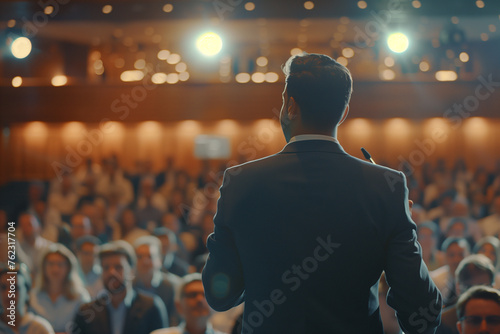 Back View Of Environment Specialist Gesturing And Presenting To Audience of Diverse Business Leaders. Male And Female Attendees Listening To Inspirational Speech On International Economic Forum.