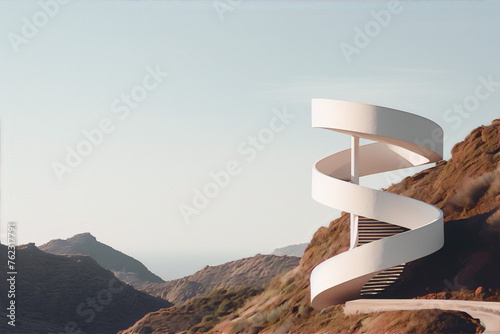 White spiral staircase on a rocky hilltop with a mountainous landscape and ocean in the background photo