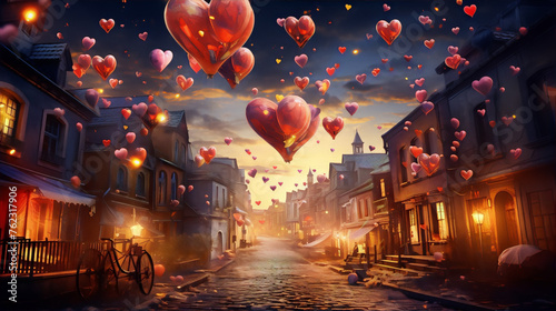 A beautiful digital painting of a street in a European city with red and pink heart-shaped balloons floating up into the sky. photo